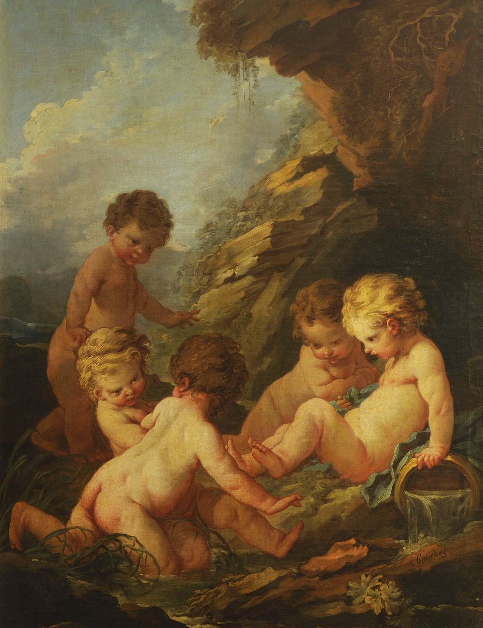 Boucher - Pięcioro nagich dzieci bawiących się przy skalistym basenie, 1730-1735 autorstwa François Boucher
