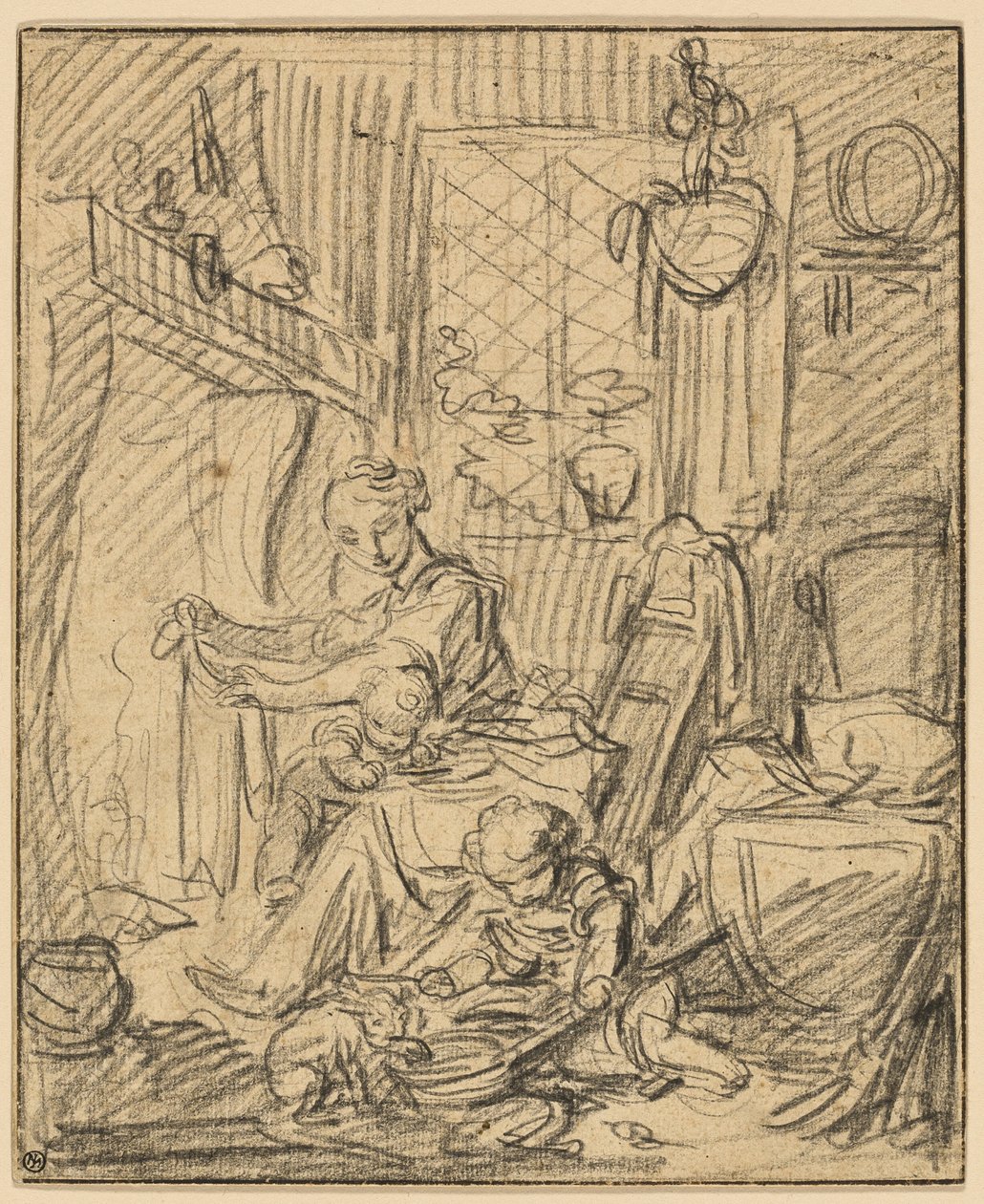 Scena domowa: Matka z dwójką małych dzieci przed kominkiem autorstwa François Boucher