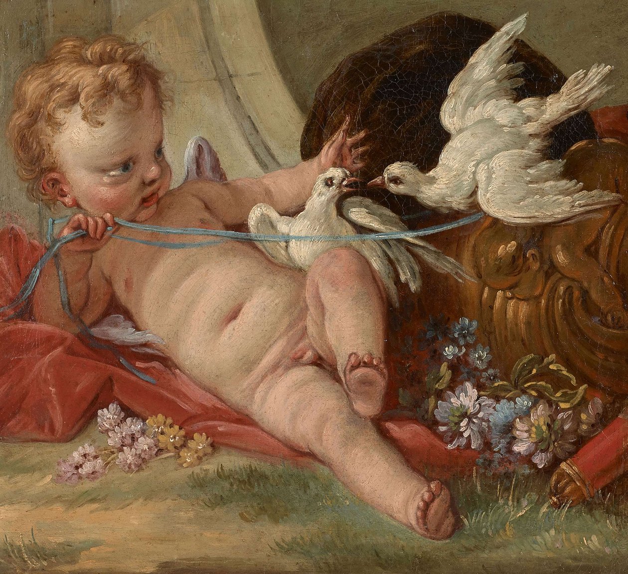 Entourage by François Boucher - Miłość trzymająca dwa gołębie autorstwa François Boucher