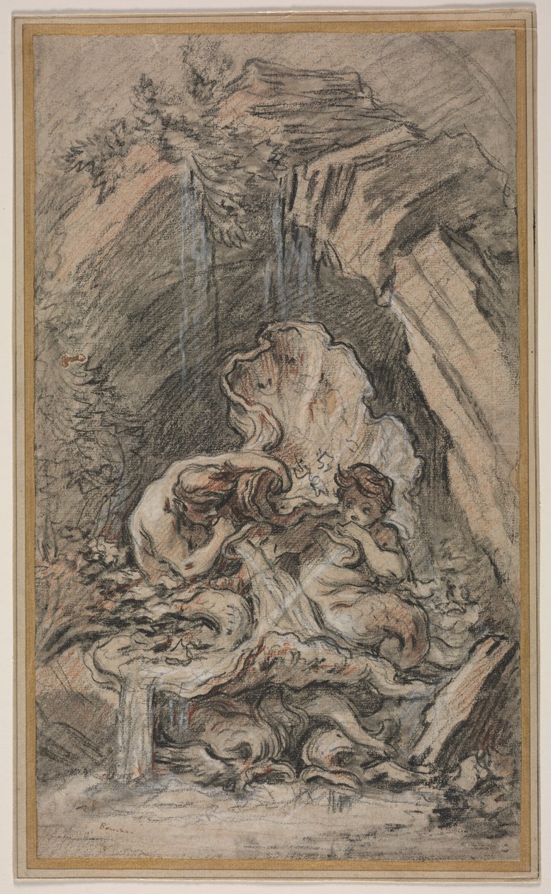 Fontanna z dwoma trytonami dmuchającymi muszlami z muszli, ok. 1900 r. 1736. autorstwa François Boucher