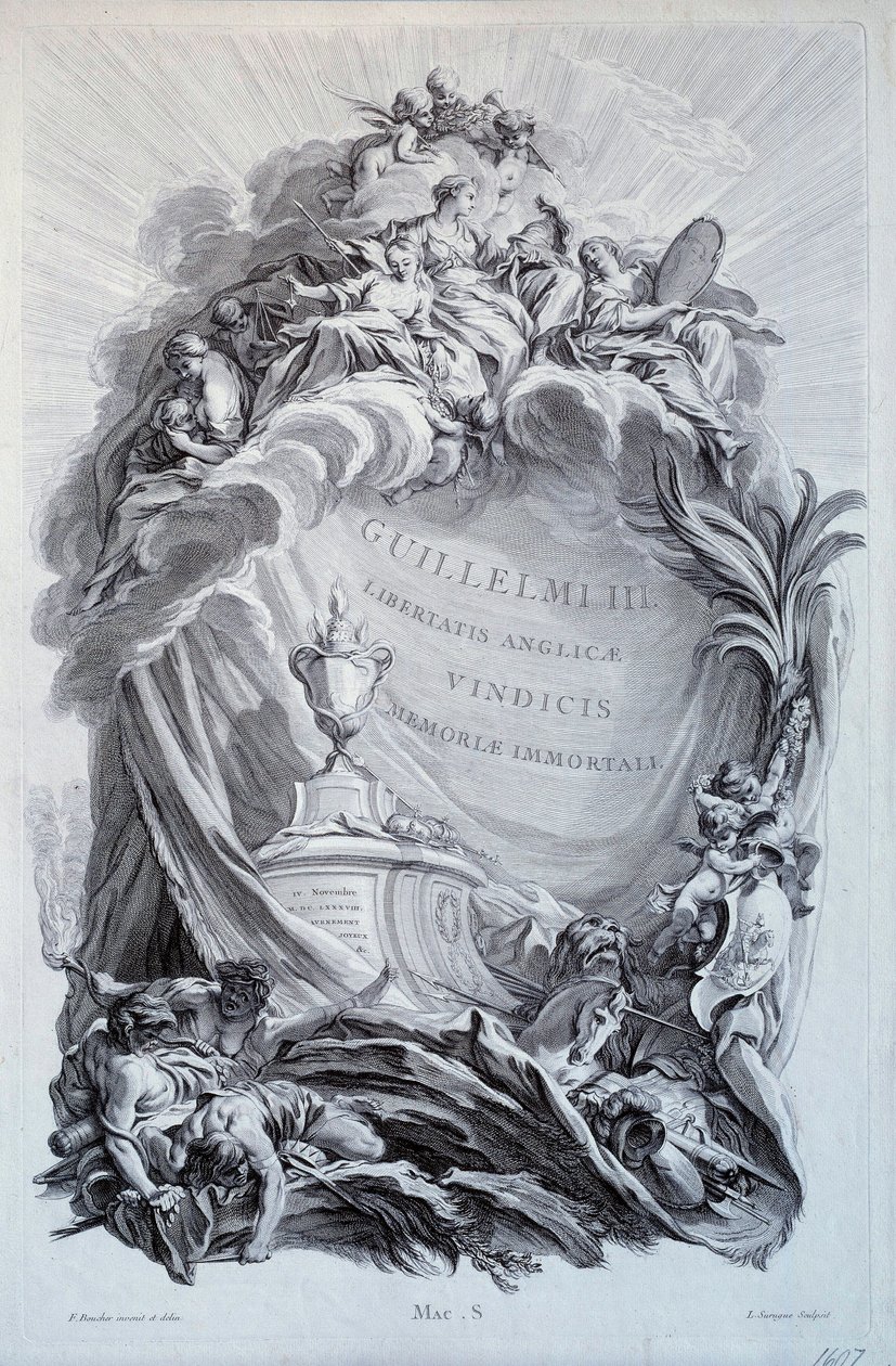 Frontyspicjum dla serii desek na grobie Wilhelma III, księcia Orańskiego i króla Anglii (1650-1702). Rysunek Francois Bouchera (1703-1770) XVIII wiek. Paryż, Luwr autorstwa François Boucher