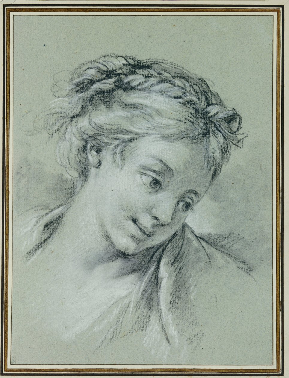 Głowa dziewczyny patrząca w dół w prawo autorstwa François Boucher