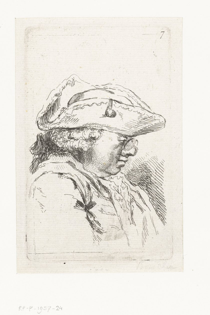 Głowa mężczyzny w okularach i tricorne Zestaw małych utworów gatunkowych i nagłówków (tytuł serii) autorstwa François Boucher