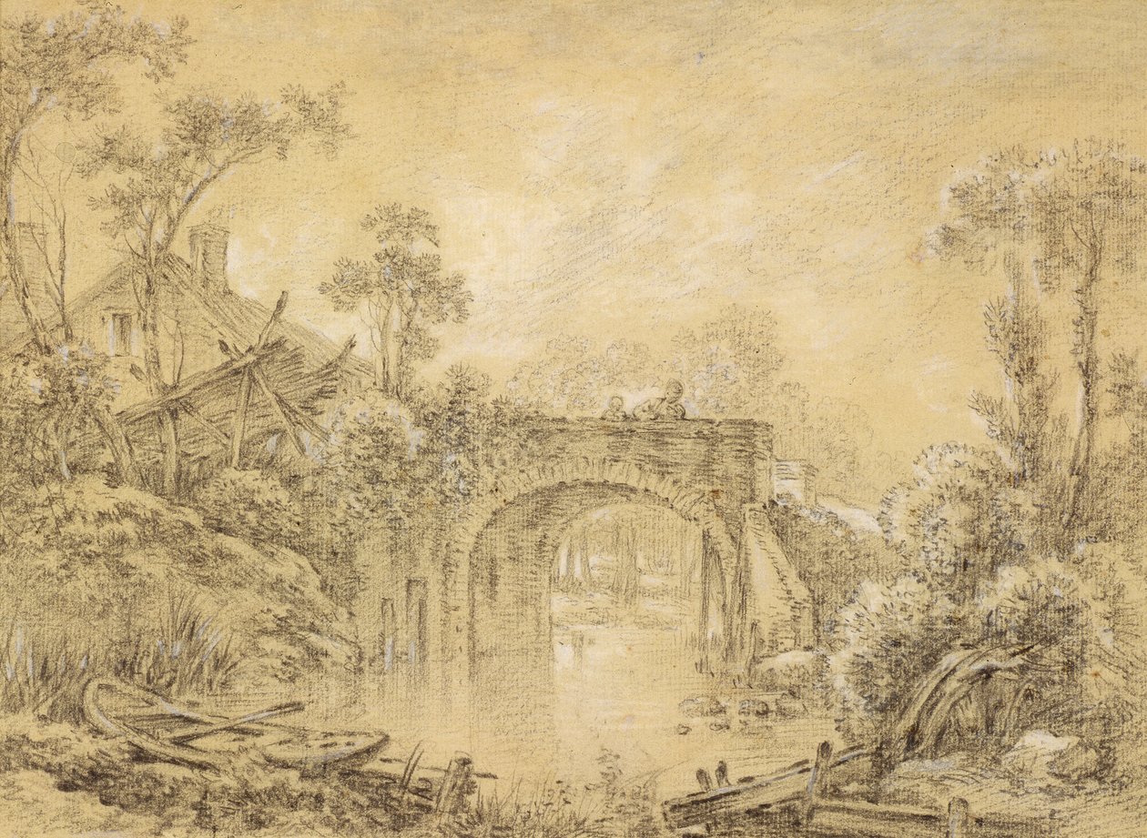 Pejzaż z Rustykalnym Mostem, ok. 1740 (czarna kreda wzmocniona bielą na kremowym papierze kładzionym) autorstwa François Boucher