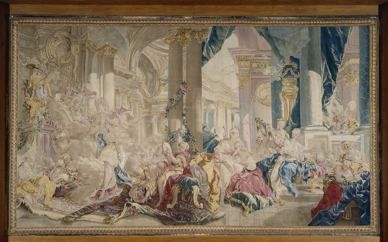 Manufacture de Beauvais - Psyche prowadzona przez Zefira do pałacu miłości i Psyche pokazująca swoje bogactwo siostrom, po 1741 r. autorstwa François Boucher