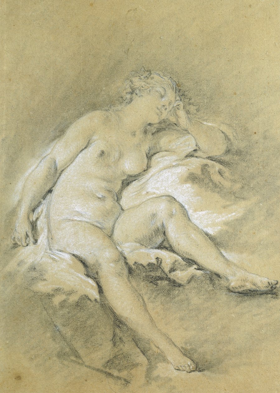 Naga młoda kobieta siedzi, śpi; Naga i siedząca młoda kobieta, śpi, autorstwa François Boucher