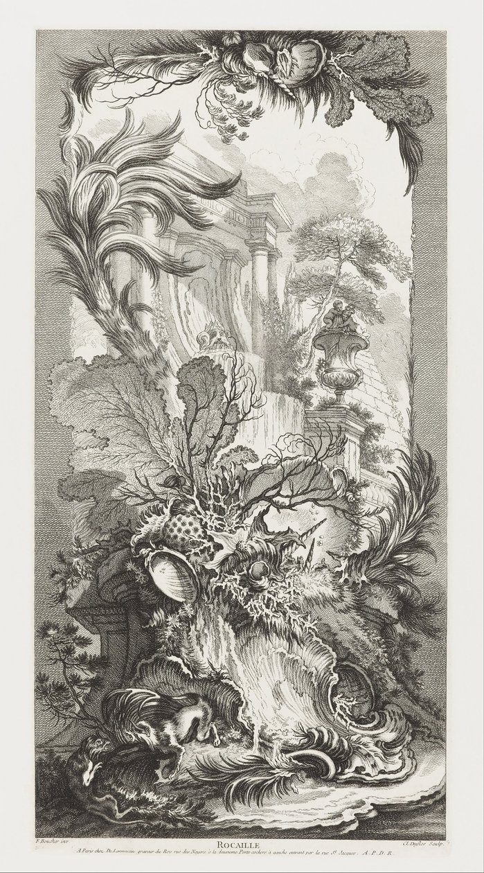 Rocaille [Rokokowe wzornictwo] w Nouveaux Morceaux pour des paravents [Nowe koncepcje ekranów] autorstwa François Boucher