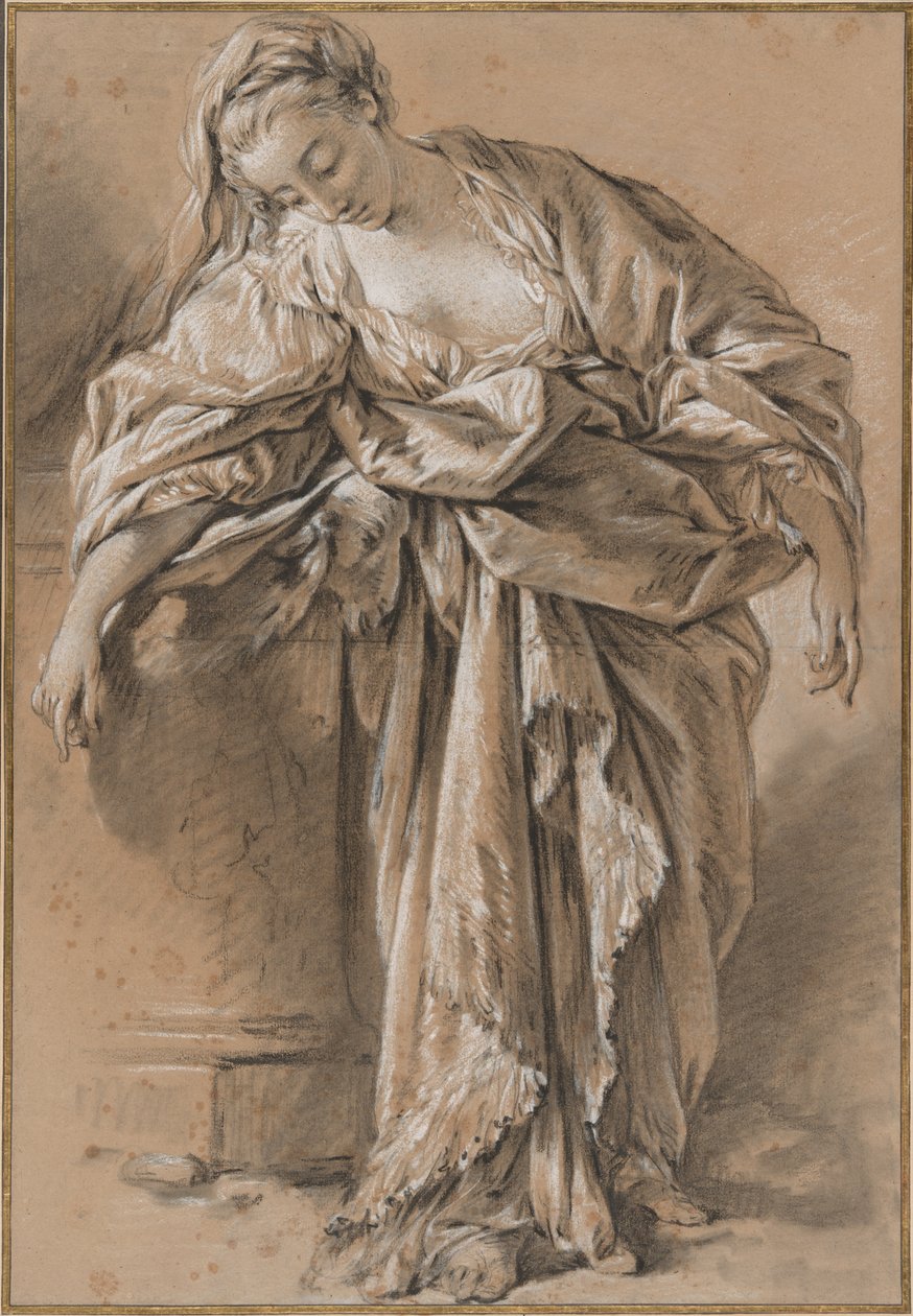 Studium udrapowanej kobiety opartej na piedestale autorstwa François Boucher