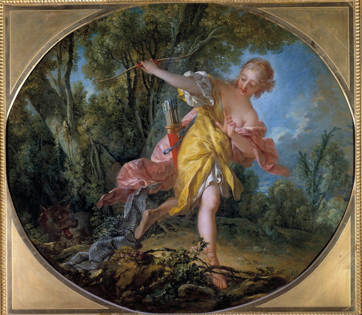 Sylvie uciekająca przed wilkiem, na którego polowała Obraz Francois Bouchera (1703-1770) 1756. Wym. 1,20 x 1,36 m Wycieczki, Musee des Beaux Arts autorstwa François Boucher