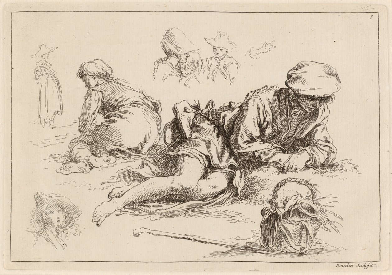 Badania figur, w tym leżący chłopiec autorstwa François Boucher after Abraham Bloemaert