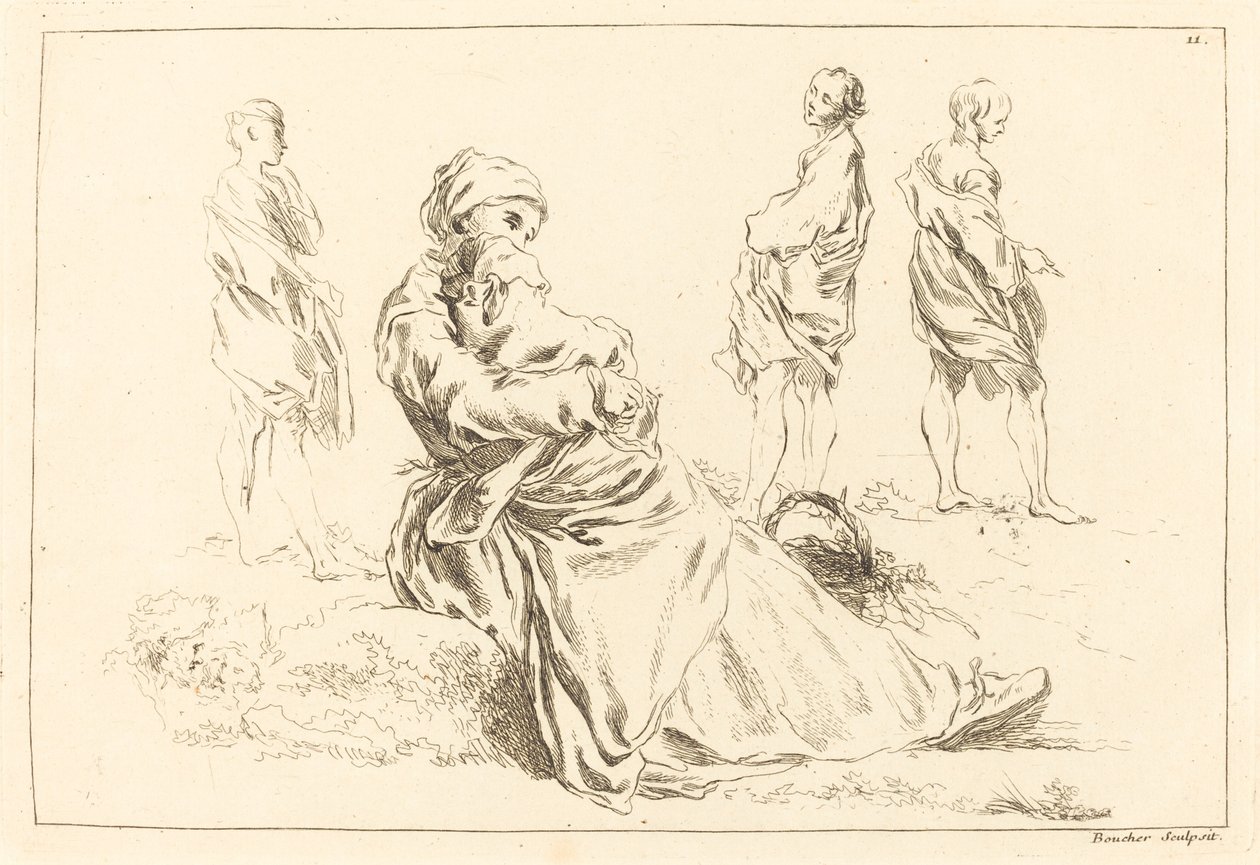 Badania sylwetki, w tym siedząca matka i dziecko autorstwa François Boucher after Abraham Bloemaert