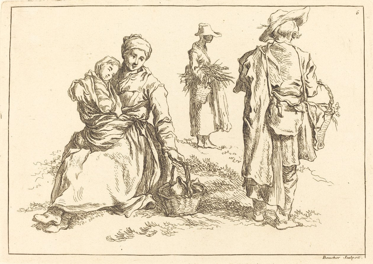 Siedząca matka i dziecko, dwóch stojących chłopów autorstwa François Boucher after Abraham Bloemaert
