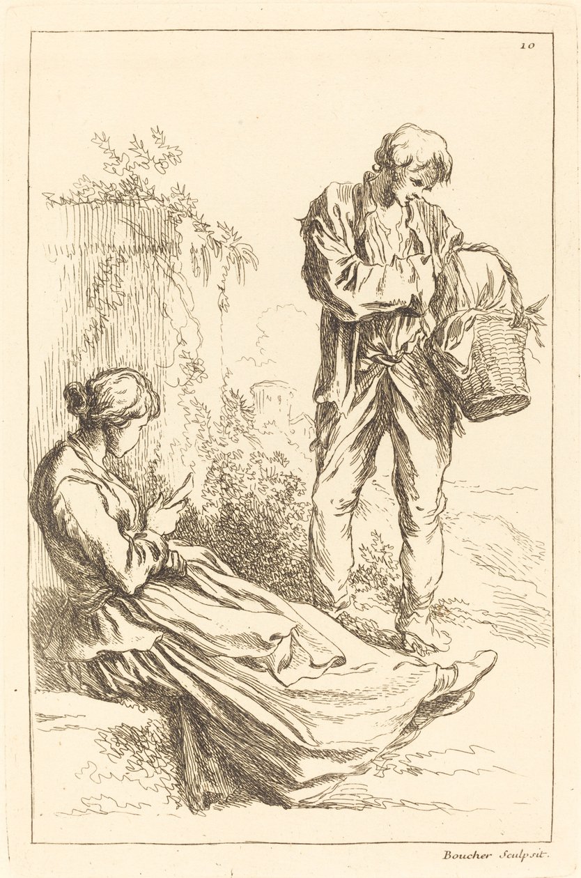 Siedząca kobieta z chłopem trzymającym koszyk autorstwa François Boucher after Abraham Bloemaert