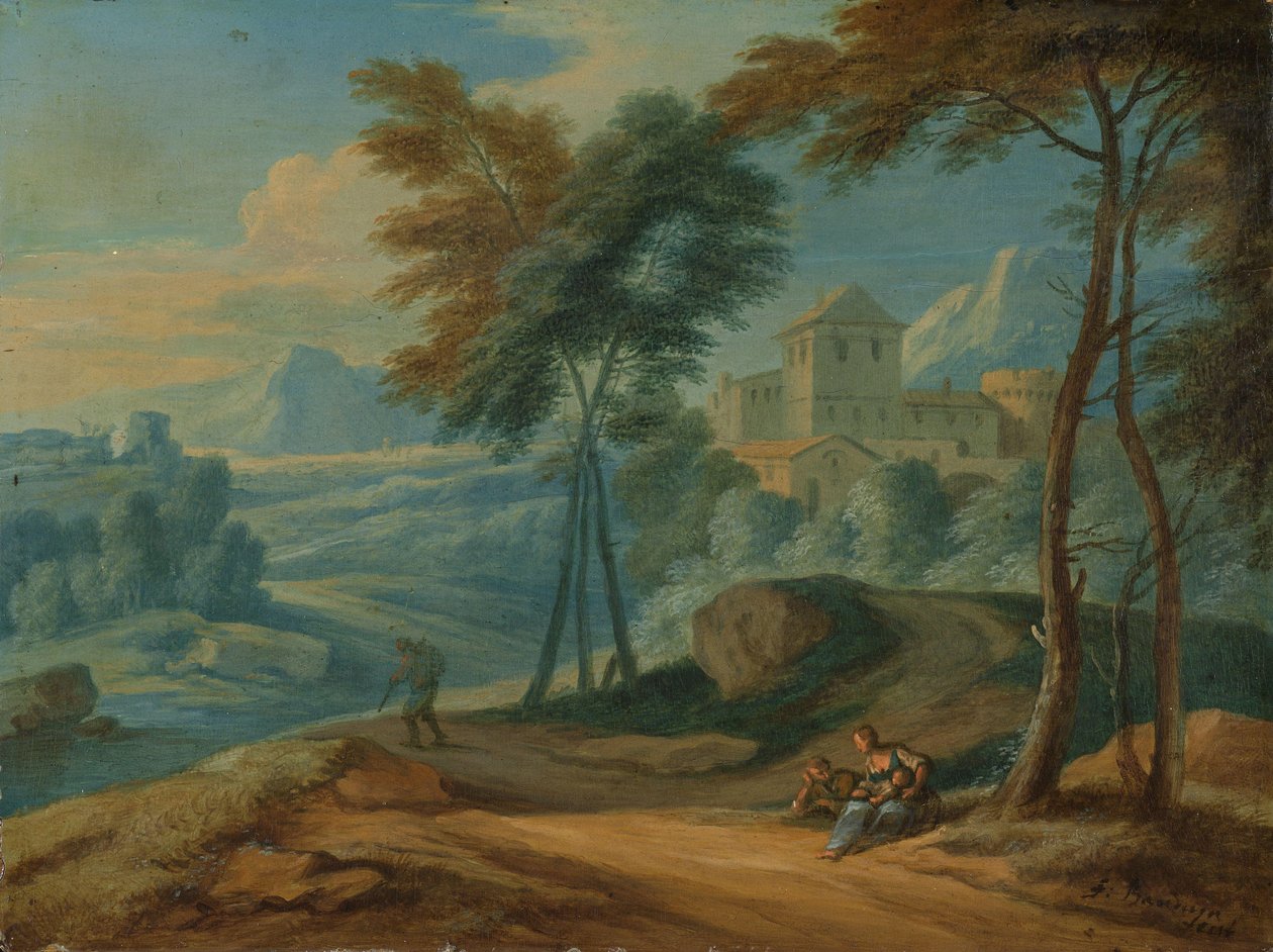 Zalesiony włoski pejzaż z postaciami autorstwa François Boudewyns
