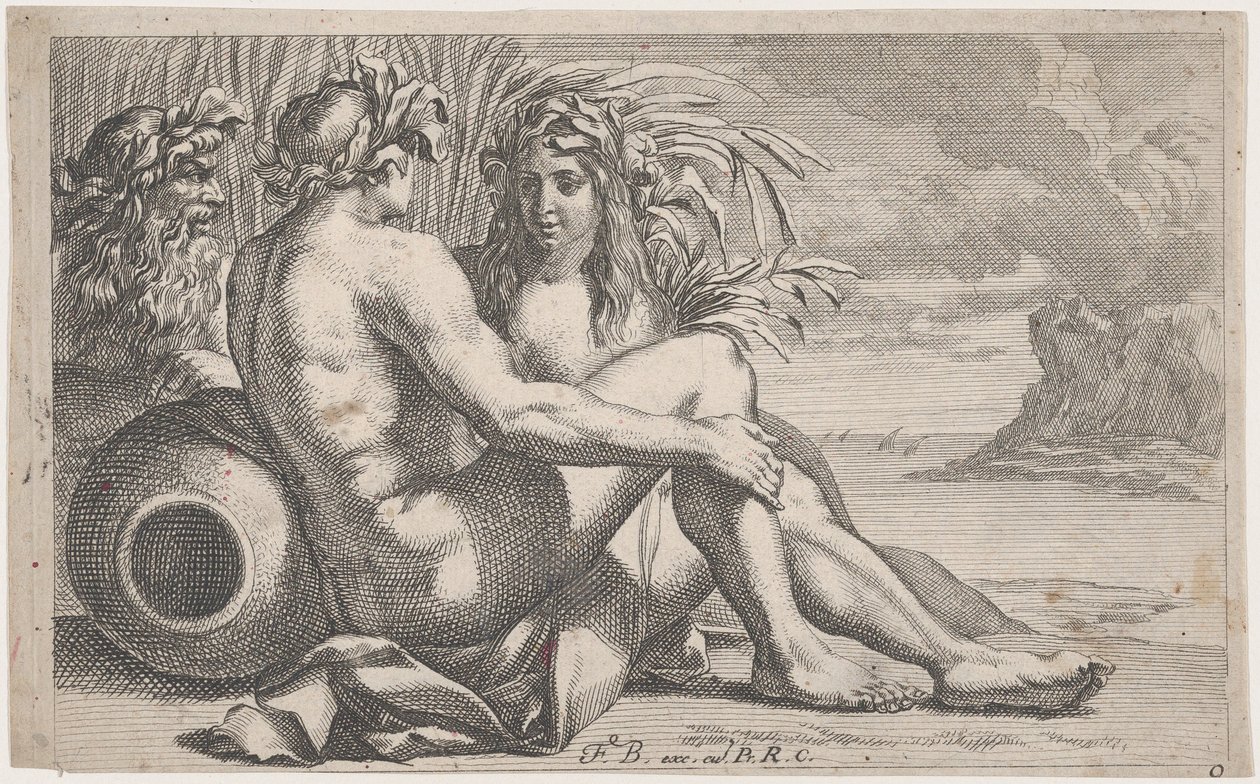 Bogowie rzeczni leżący przed pejzażem morskim, 1651-82. autorstwa François Bourlier