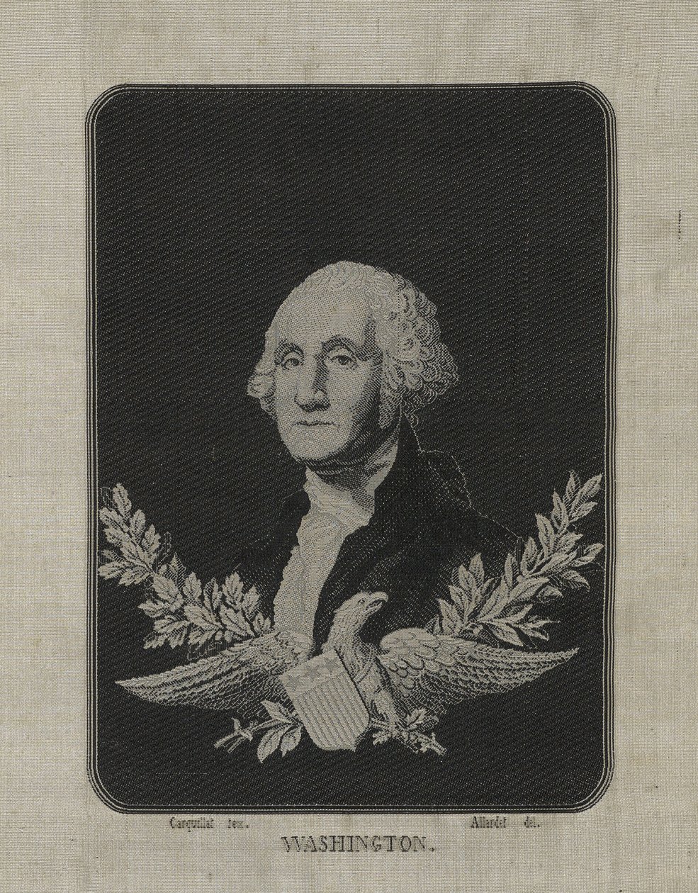 George Washington, ok. 1876 (jedwab tkany na krośnie żakardowym na macie papierowej z dekoracją z folii ze stopu miedzi) autorstwa François Carquillat