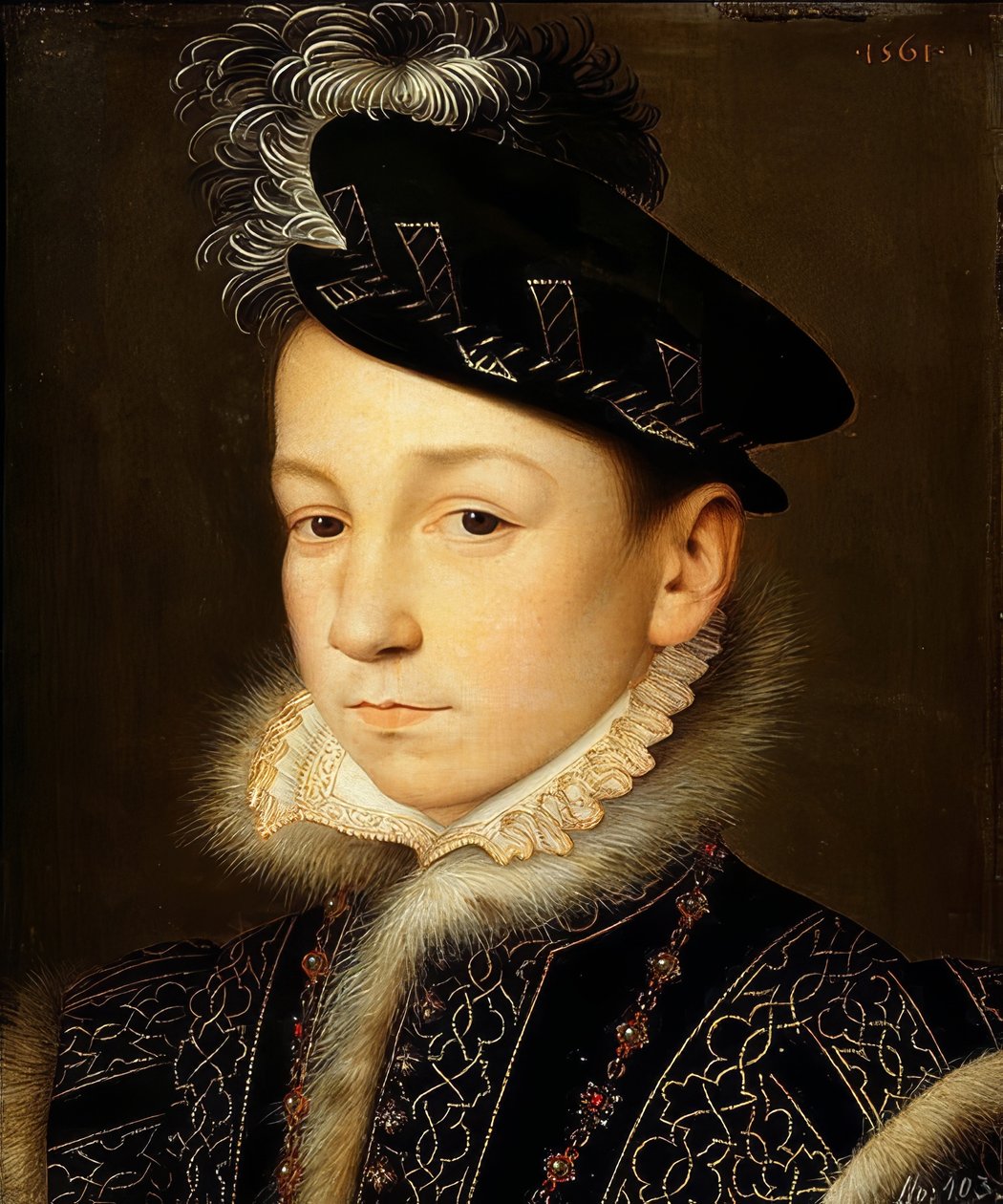 Król Karol IX Francji (1550-1574), portret w połowie długości. 1561 autorstwa François Clouet