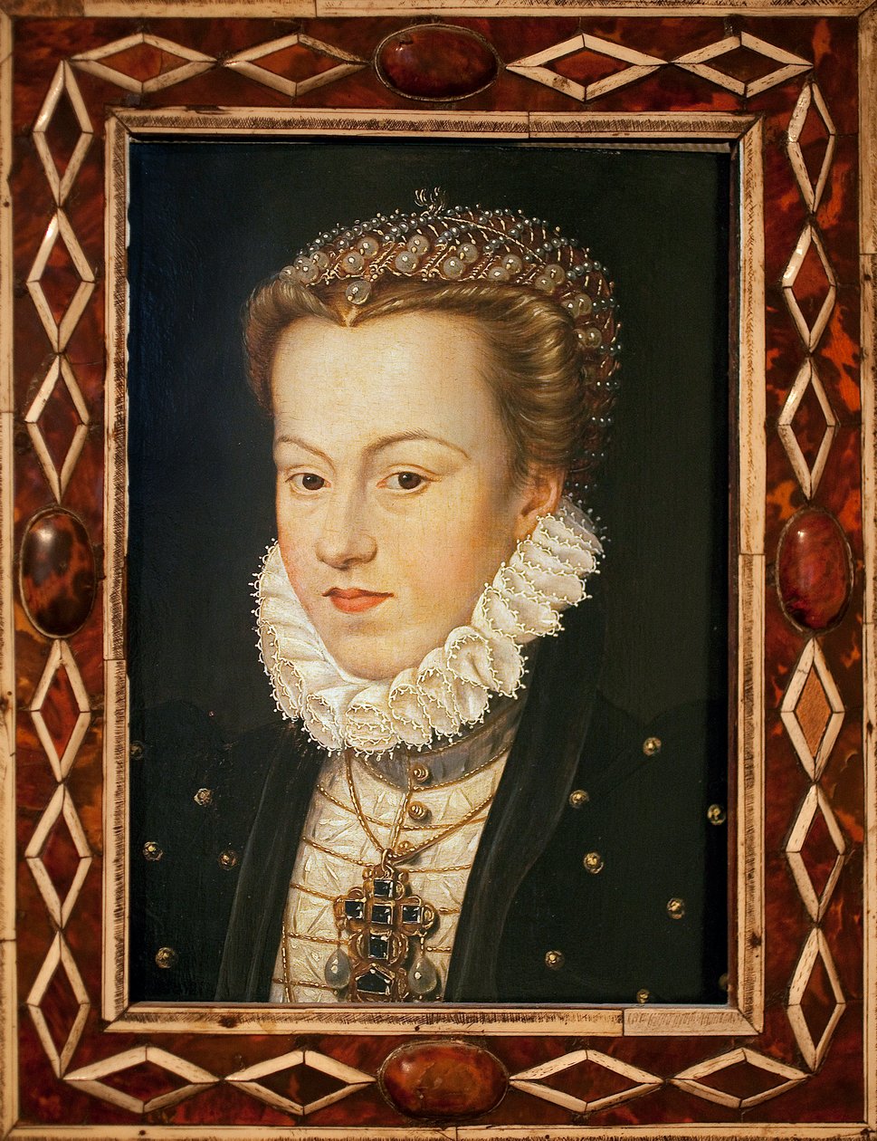 Portret Elżbiety Austrii (1554-1592, królowa Francji) - Obraz Francois Clouet (około 1505-1572), sztuka francuska, koniec XVI wieku - Musee des Beaux Arts d