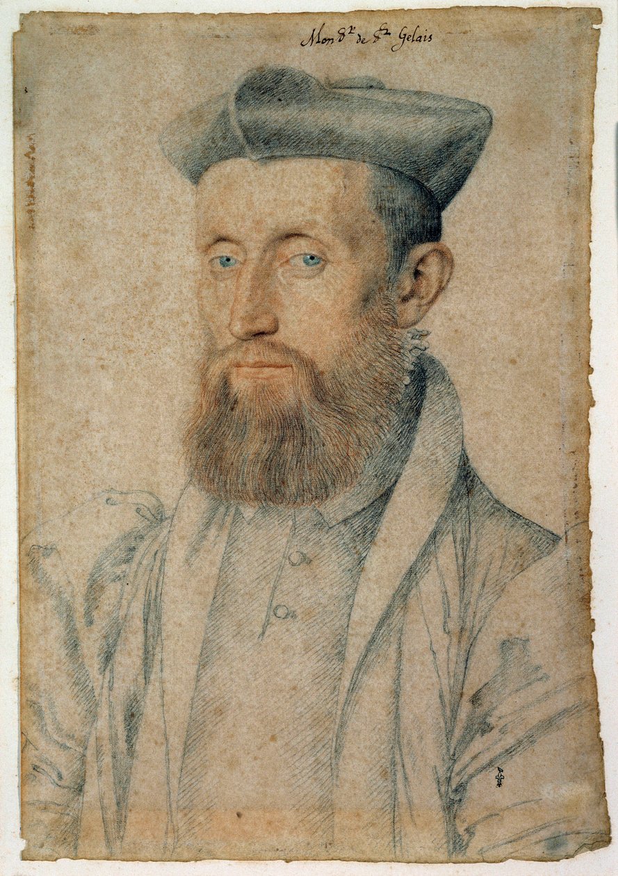 Portret Mellin de Saint-Gelais (lub Saint Gelais, Saint Gelays, Saint Gelays, Saint-Gelais, Saint Gelais) (1495-1558), poety francuskiego. Rysunek krwią i czarnym kamieniem Cloueta Francois (1515-1572), ok. 1500. Chantilly, Musee Conde autorstwa François Clouet