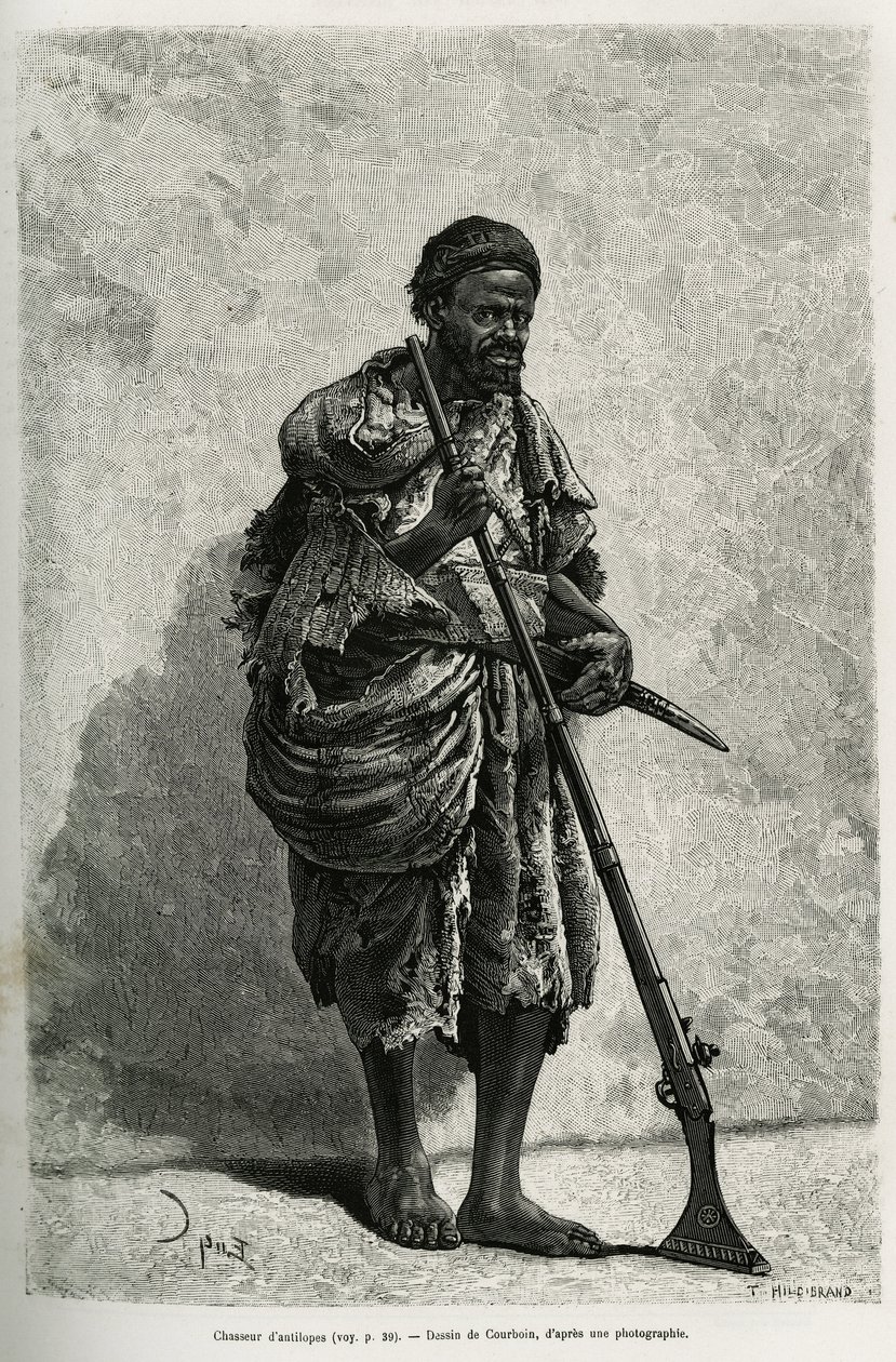 Łowca antylop. Grawerowanie Courboina, dla zilustrowania algierskiej Sahary, autorstwa V. Largeau, w latach 1874-1878, opublikowane w Tour du monde, pod kierunkiem Edouarda Chartona (1807-1890) autorstwa François Courboin
