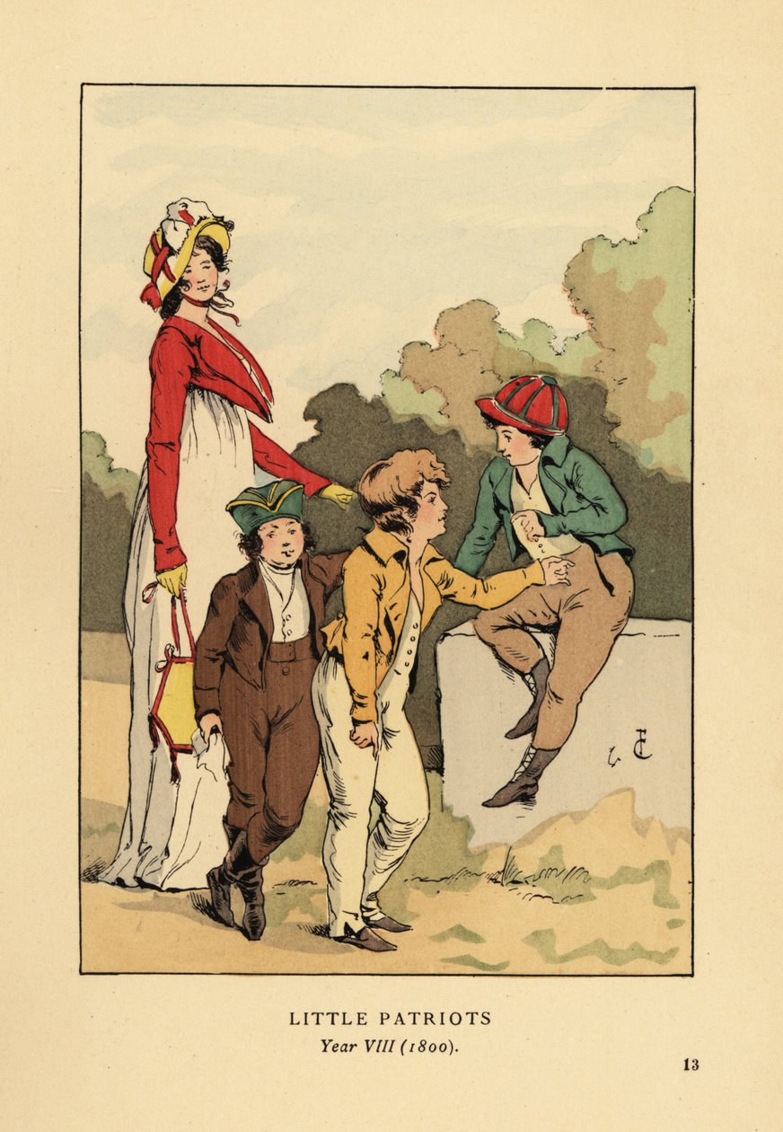Chłopcy w marynarkach i bryczesach z Merveilleuse w rzymskiej szacie z czepkiem i kurtką spencer. Mali Patrioci, Rok VIII autorstwa François Courboin