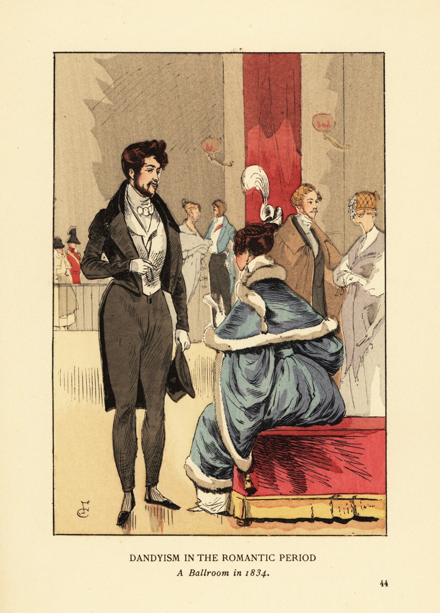 Dandyizm w okresie romantyzmu, sala balowa w 1834 roku. Fop w płaszczu z frakiem, obcisłe spodnie i cylinder. Kobieta w futrzanej sukni z piórkiem we włosach. Ręcznie kolorowana litografia autorstwa R.V. według ilustracji Francois Courboin z Octave Uzanne’ autorstwa François Courboin