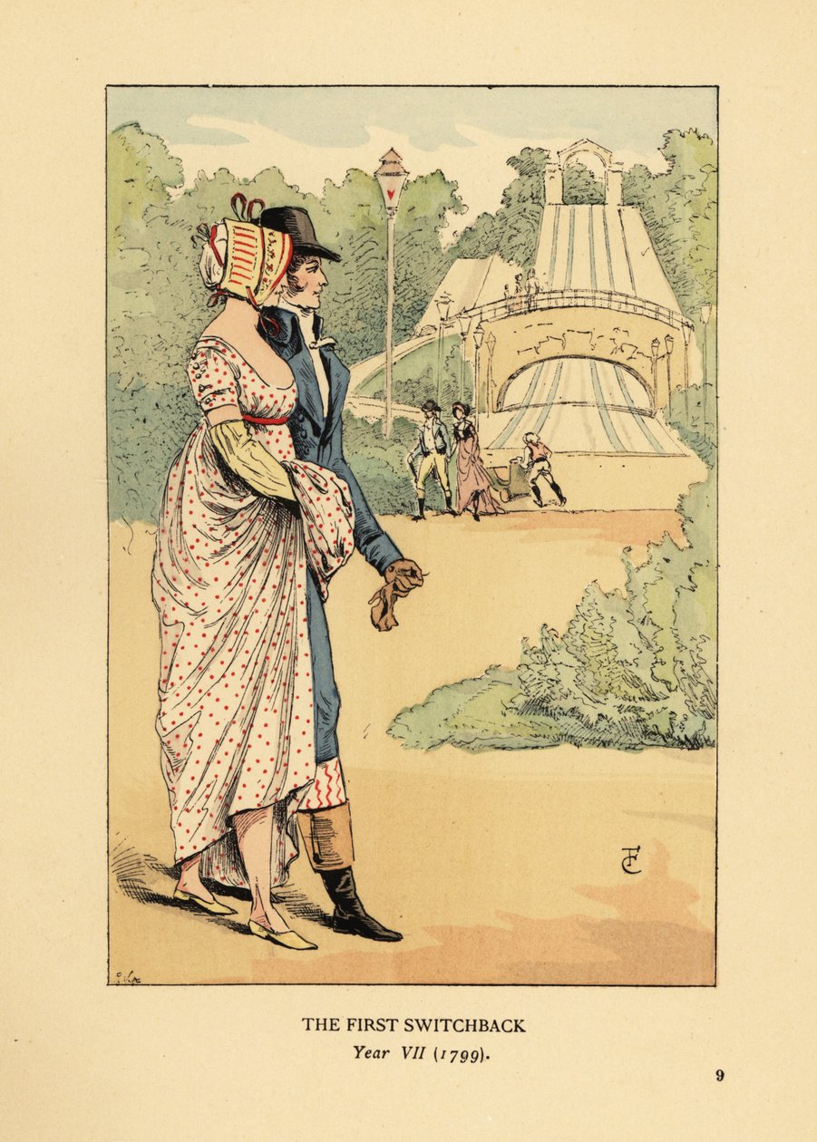 Modna para na rollercoasterze Russian Mountains, Les Montagnes Russes a Belleville, zbudowana w 1812 roku. (Pierwsza kolejka, rok VII autorstwa François Courboin