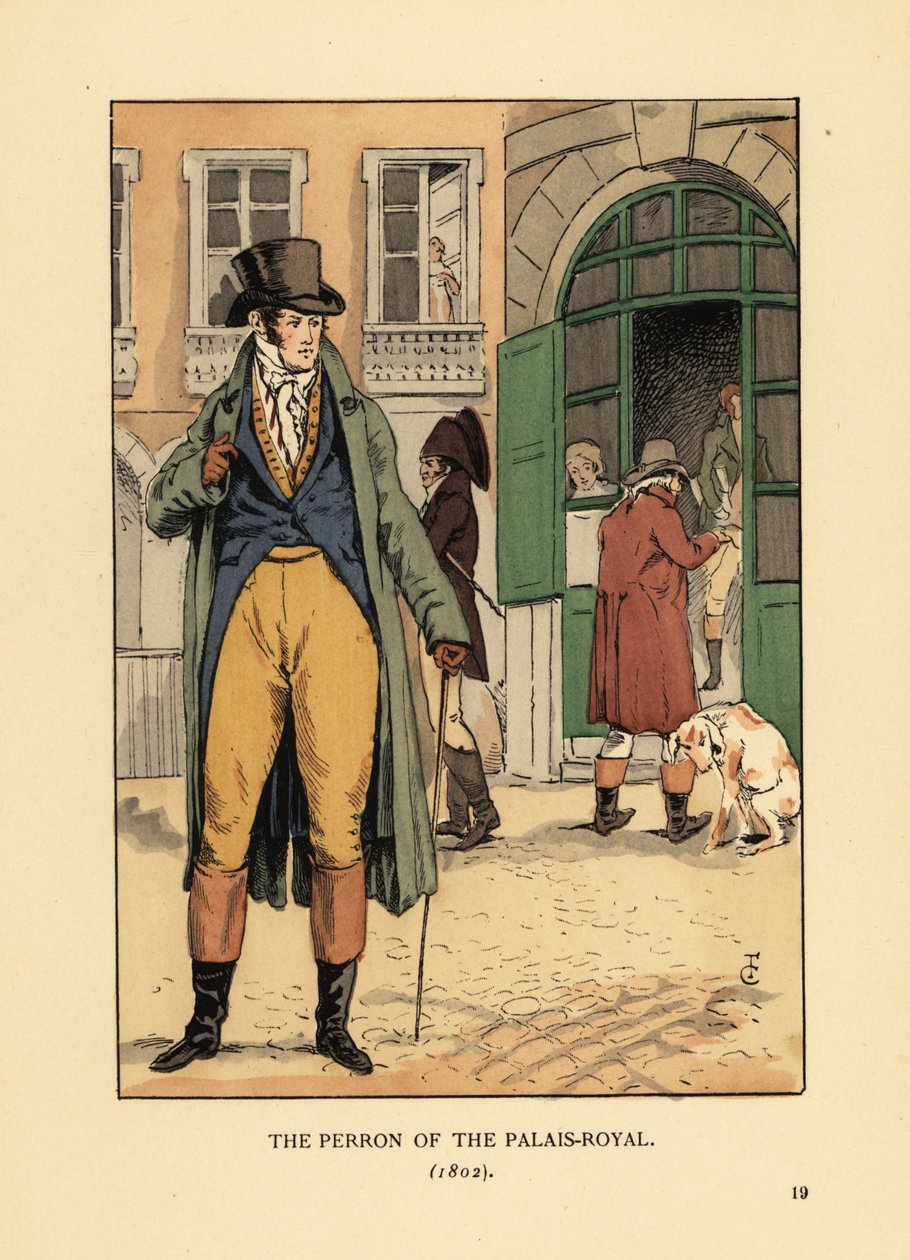 Modny pan przed wejściem do Passage du Perron, Palais Royal. Nosi czapkę, krawat, płaszcz, bryczesy kamizelki i buty. Perron w Palais Royal, Paryż autorstwa François Courboin