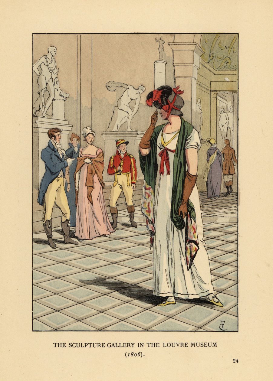 Modna kobieta w galerii rzeźb w Luwrze autorstwa François Courboin