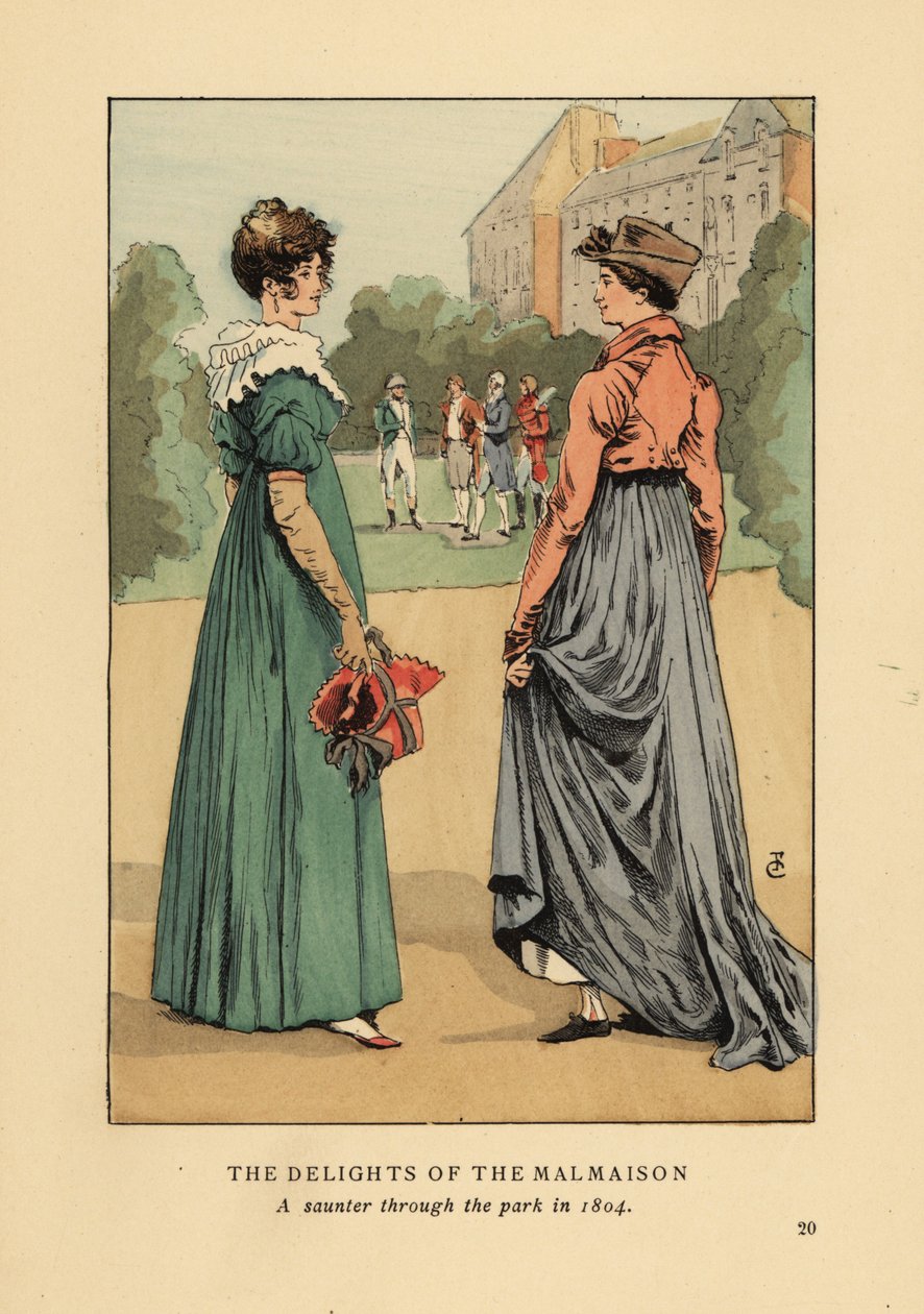 Modne kobiety korzystające z uroków Chateau de Malmaison. Spacer po parku w 1804 roku. Litografia kolorowa autorstwa R.V. wg ilustracji Francois Courboin z Octave Uzanne’s Fashion w Paryżu, William Heinemann, Londyn autorstwa François Courboin