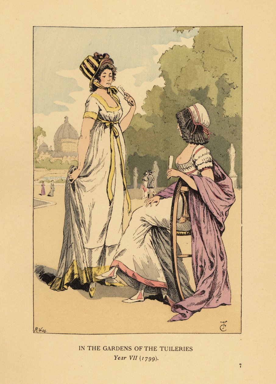 Dwie modne kobiety w ogrodach Tuileries, Jardins des Tuileries, Paryż, rok VII autorstwa François Courboin