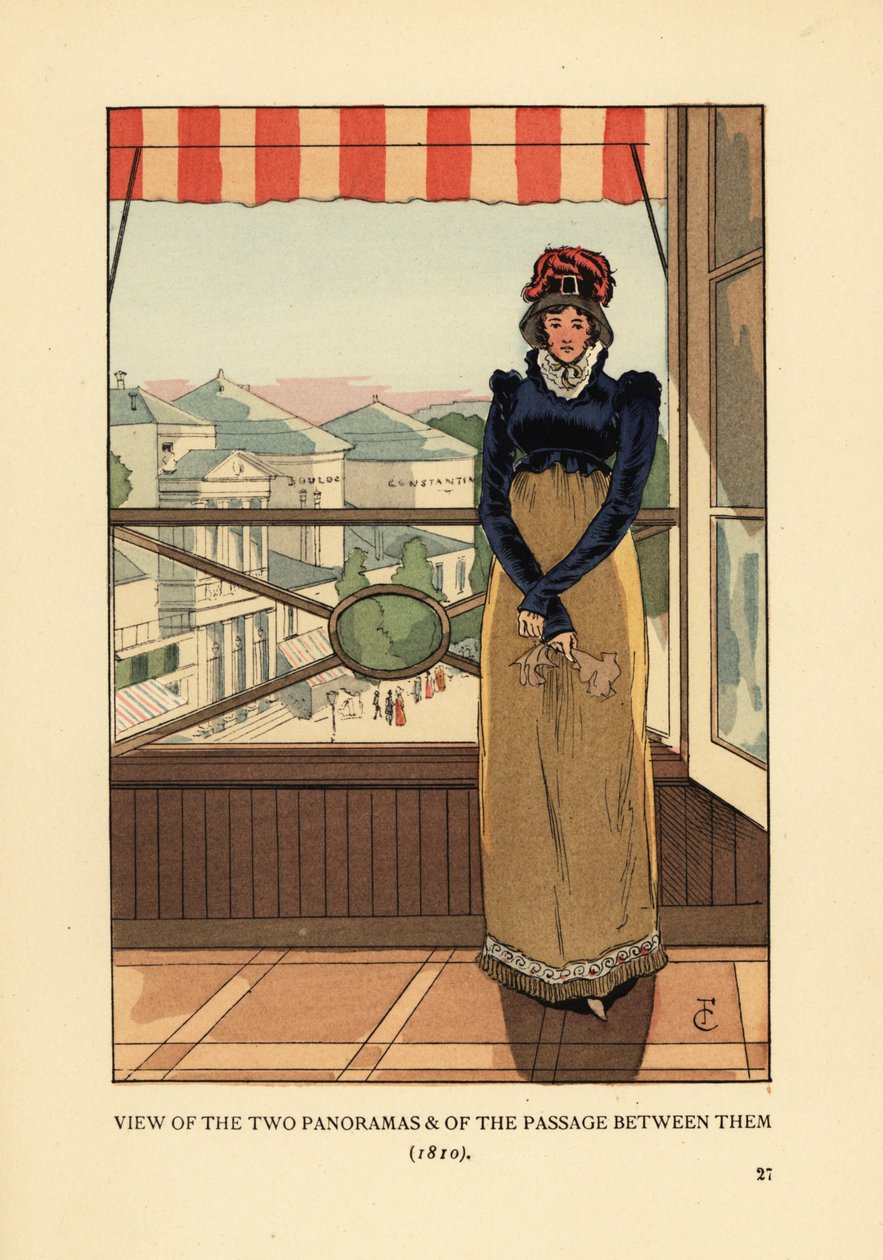 Kobieta przy oknie z widokiem na Panoramy i Passage des Panoramas, na Boulevard Montmartre, Paryż autorstwa François Courboin
