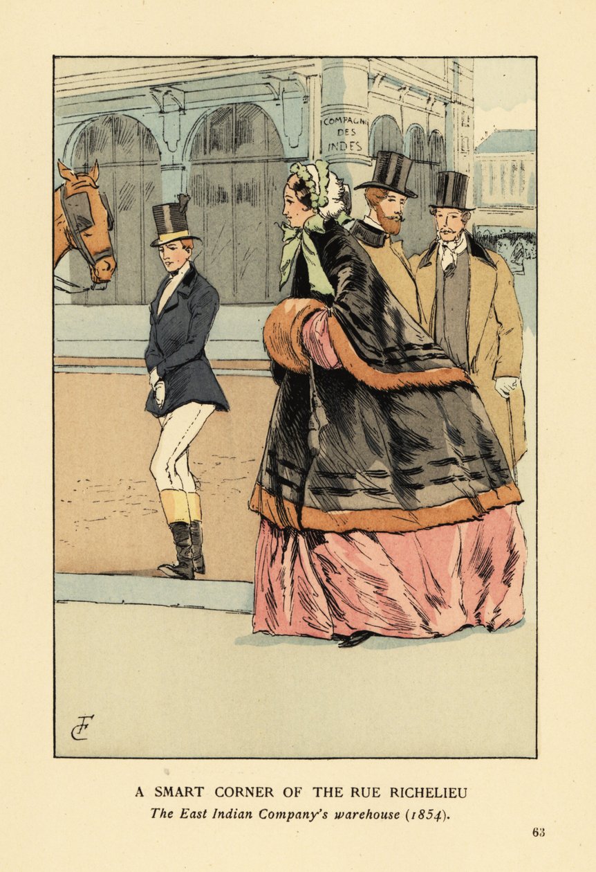 Kobieta w futrzanej pelerynie i mufce na szerokiej krynolinie, z inną kobietą w stroju jeździeckim. Elegancki zakątek rue de Richelieu, magazyn Kompanii Wschodnioindyjskiej, Paryż autorstwa François Courboin