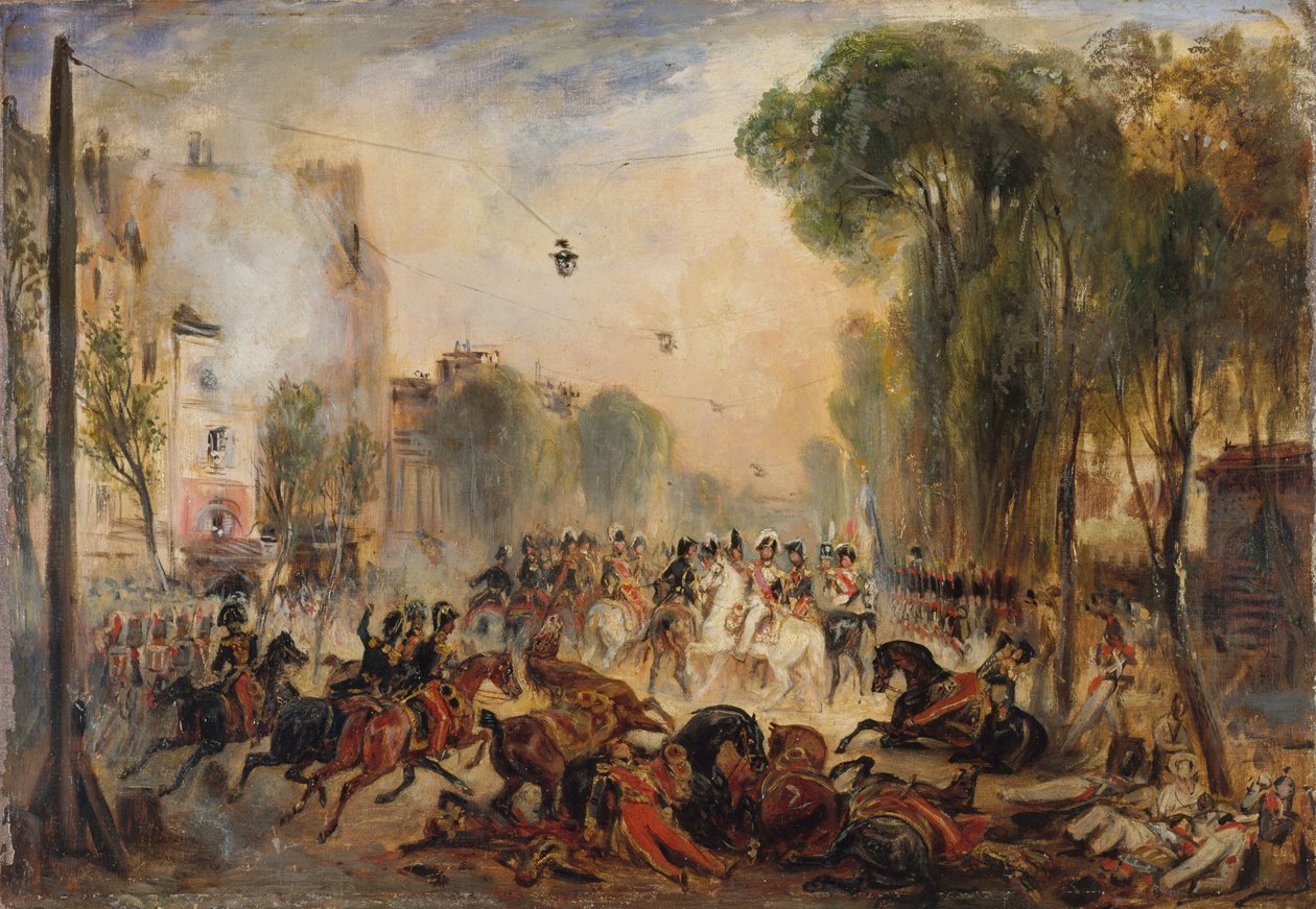 Próba zamachu Józefa Fieschi na króla Francji Ludwika Filipa I 28 lipca 1835 r. autorstwa François Gabriel Lépaulle