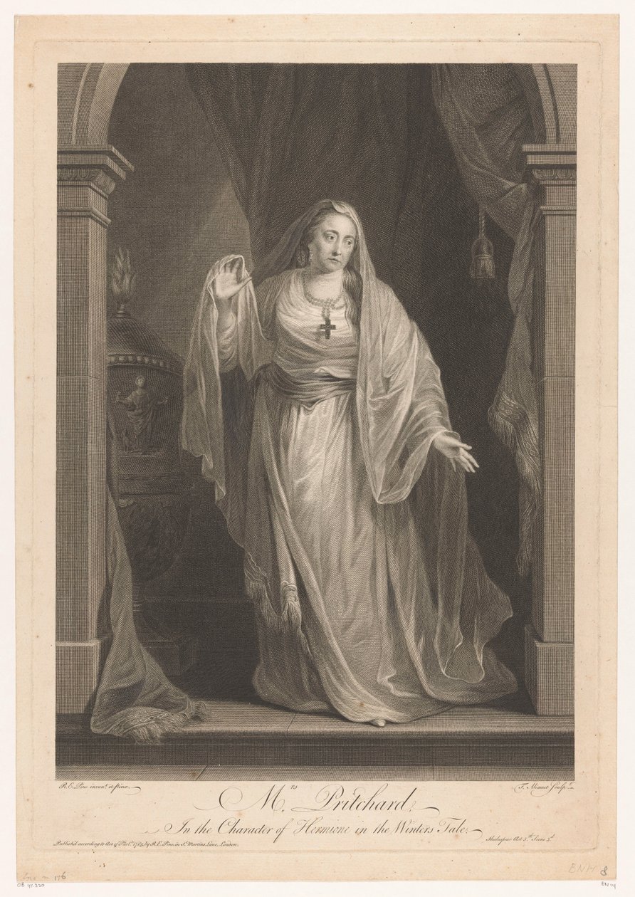 Portret van Hannah Pritchard jako Hermiona w „Opowieści zimowej” Pani Pritchard w roli Hermiony w Zimowej opowieści (tytuł na obiekcie) autorstwa François Germain Aliamet
