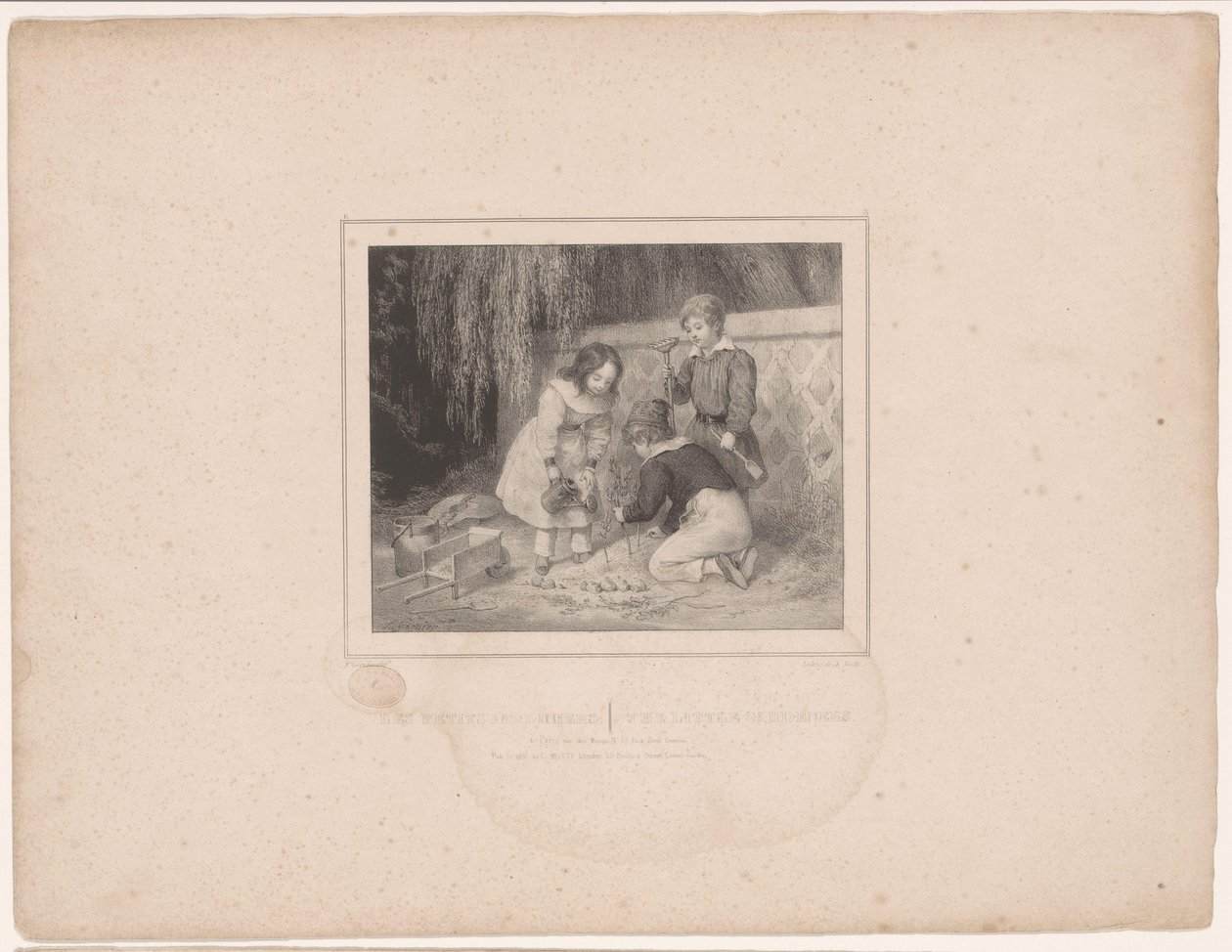Troje dzieci w ogrodzie Les petits jardiniers / Mali ogrodnicy (tytuł na obiekcie) Dwanaście przedstawień różnych postaci (tytuł serii) Album de douze sujets (...) (tytuł serii) autorstwa François Grenier