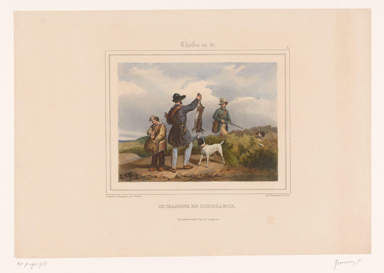 Myśliwy pokazuje innemu myśliwemu swojego zastrzelonego zająca Le chasseur en jouissance (tytuł na przedmiocie) Łowcy z bronią (tytuł serii) Chasses au Tir (tytuł serii na obiekcie) autorstwa François Grenier