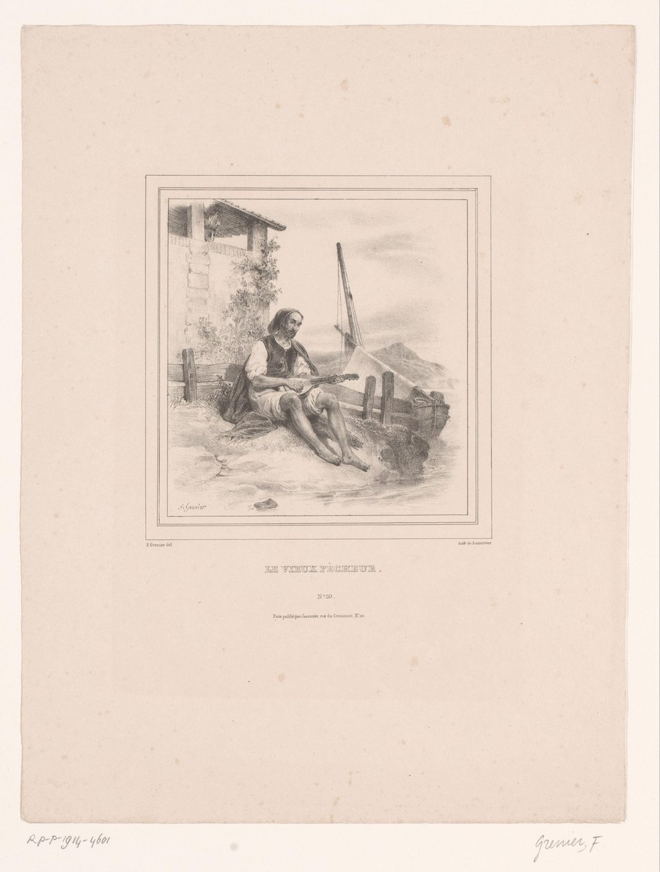 Stary rybak z lutnią na wodzie Le vieux pêcheur (tytuł na przedmiocie) autorstwa François Grenier