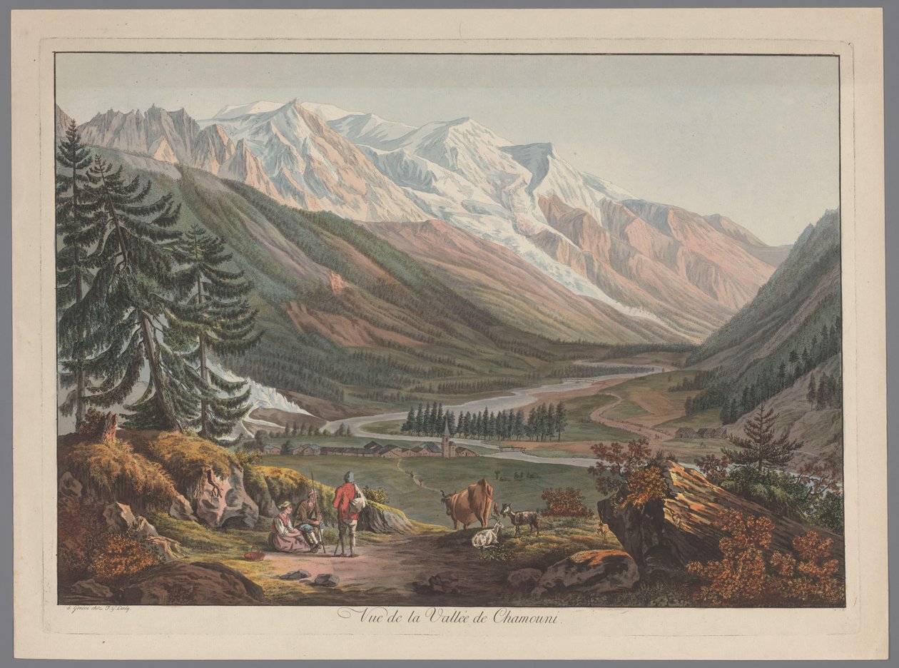 Widok na dolinę w Chamonix Vue de la Vallée de Chamouni (tytuł na obiekcie) autorstwa François Guillaume Lardy (possibly)