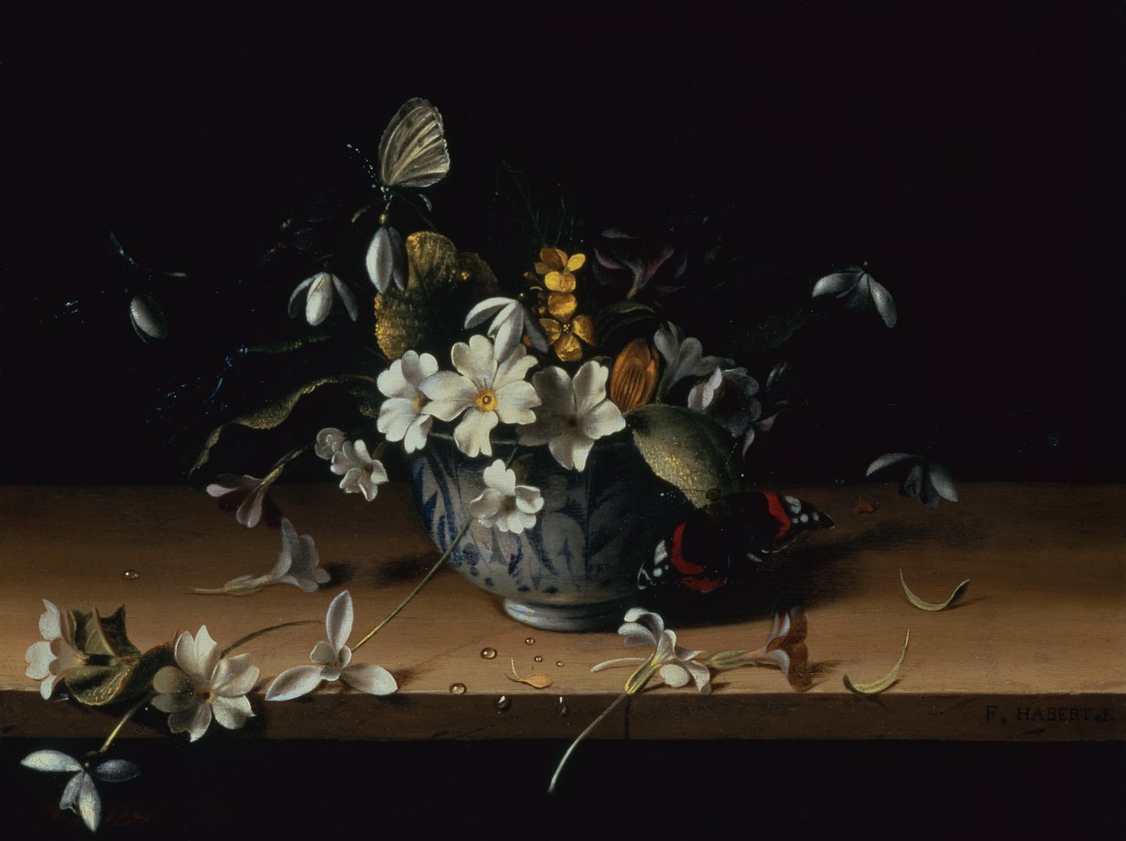Kwiaty w niebiesko-białej chińskiej misce porcelanowej z czerwonym motylem admirałem na drewnianej półce (olej na panelu) autorstwa François Habert