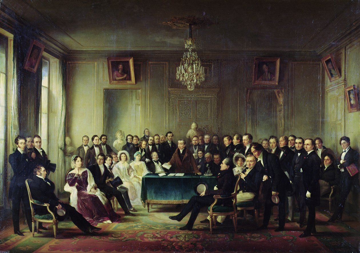 Francois Andrieux (1759-1833) Czytanie swojej tragedii „Junius Brutus” w foyer Komedii Francuskiej, 26 maja 1828, 1847 (patrz także 216914) autorstwa François Joseph Heim