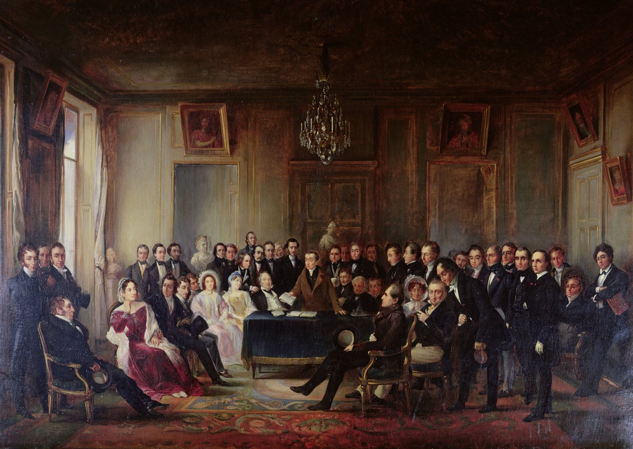 Francois Andrieux (1759-1833) czytający swoją tragedię "Junius Brutus" we foyer Comedie Francaise, 26 maja 1828, 1847 (zob. też 216913) autorstwa François Joseph Heim