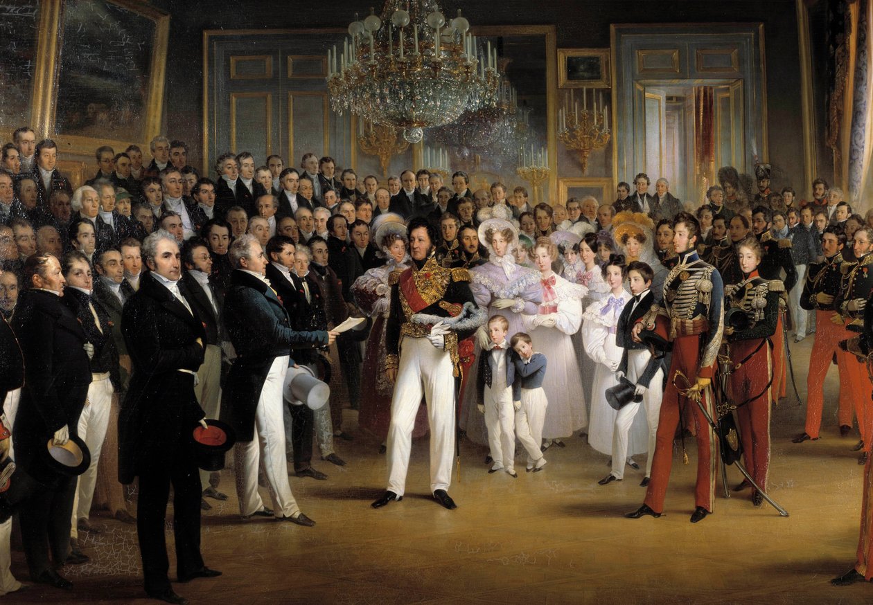 Rewolucja 1830 r.: „Izba Deputowanych przedstawia księciu Orleanu Ludwikowi Filipowi I (1773-1850) akt powołujący go na tron i Kartę z 1830 r. w Pałacu Królewskim w dniu 7.08. 1830”” Szczegół. Obraz Francois Joseph Heim (1787-18 autorstwa François Joseph Heim