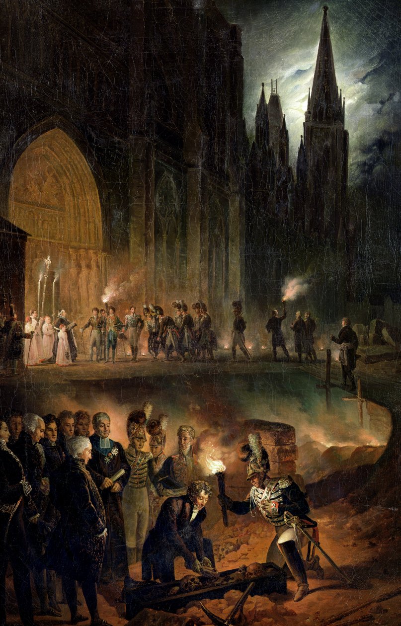 Przeniesienie kości rodziny królewskiej do kościoła św. Denisa, 18 stycznia 1817 r. autorstwa François Joseph Heim
