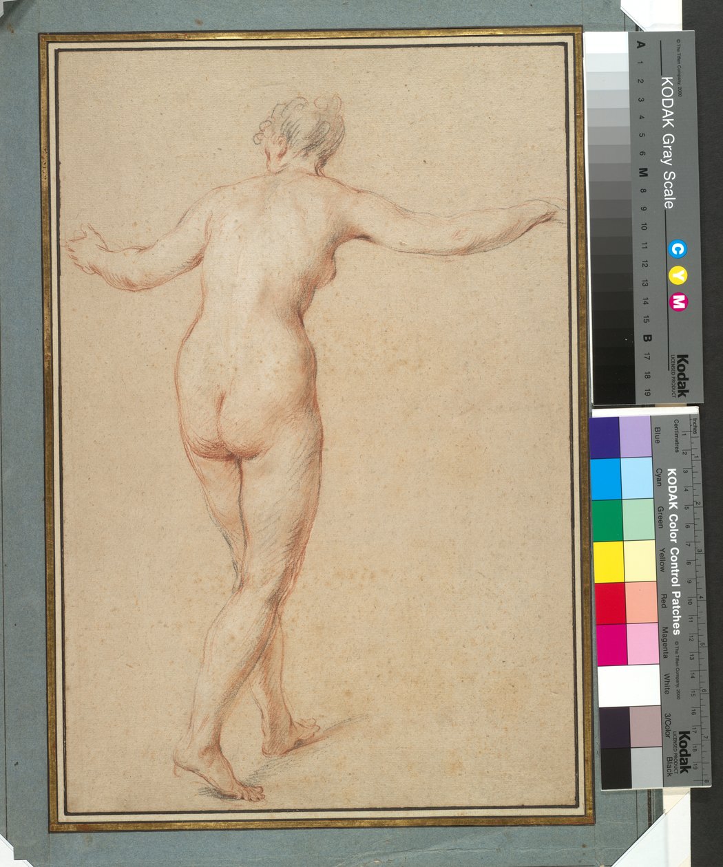 Stojąca naga kobieta widziana od tyłu, ok. 1722 r. (czerwona, czarno-biała kreda na papierze) autorstwa François Lemoyne