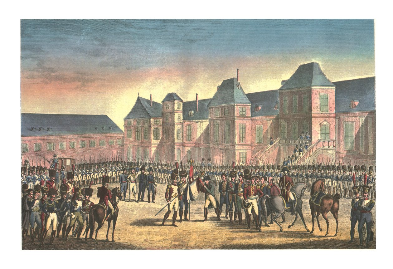 Wyjazd Napoleona z Fontainebleau, 20 kwietnia 1814, ok. 1850 autorstwa François Pigeot