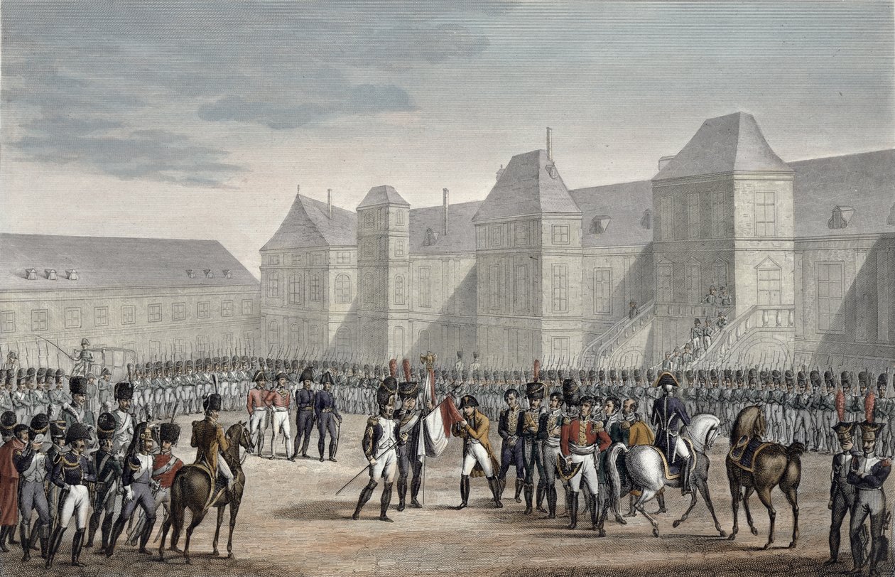 Abdykacja Napoleona i jego wyjazd z Fontainebleau na Elbę, 20 kwietnia 1814 r. autorstwa François Pigeot