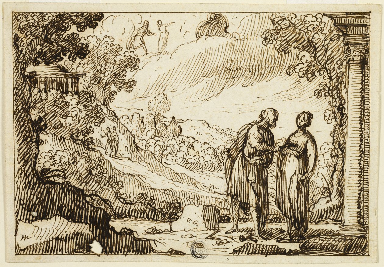 Niezidentyfikowana scena mitologiczna z mężczyzną i kobietą rozmawiającymi w klasycznym krajobrazie autorstwa François Roëttiers