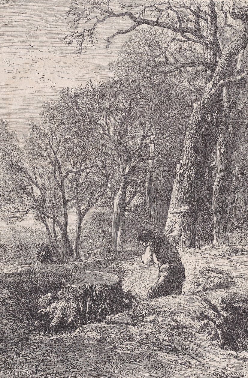 Scena zimowa: ściągacz do pni, z Magasin Pittoresque, ca. 1852. autorstwa François Rouget