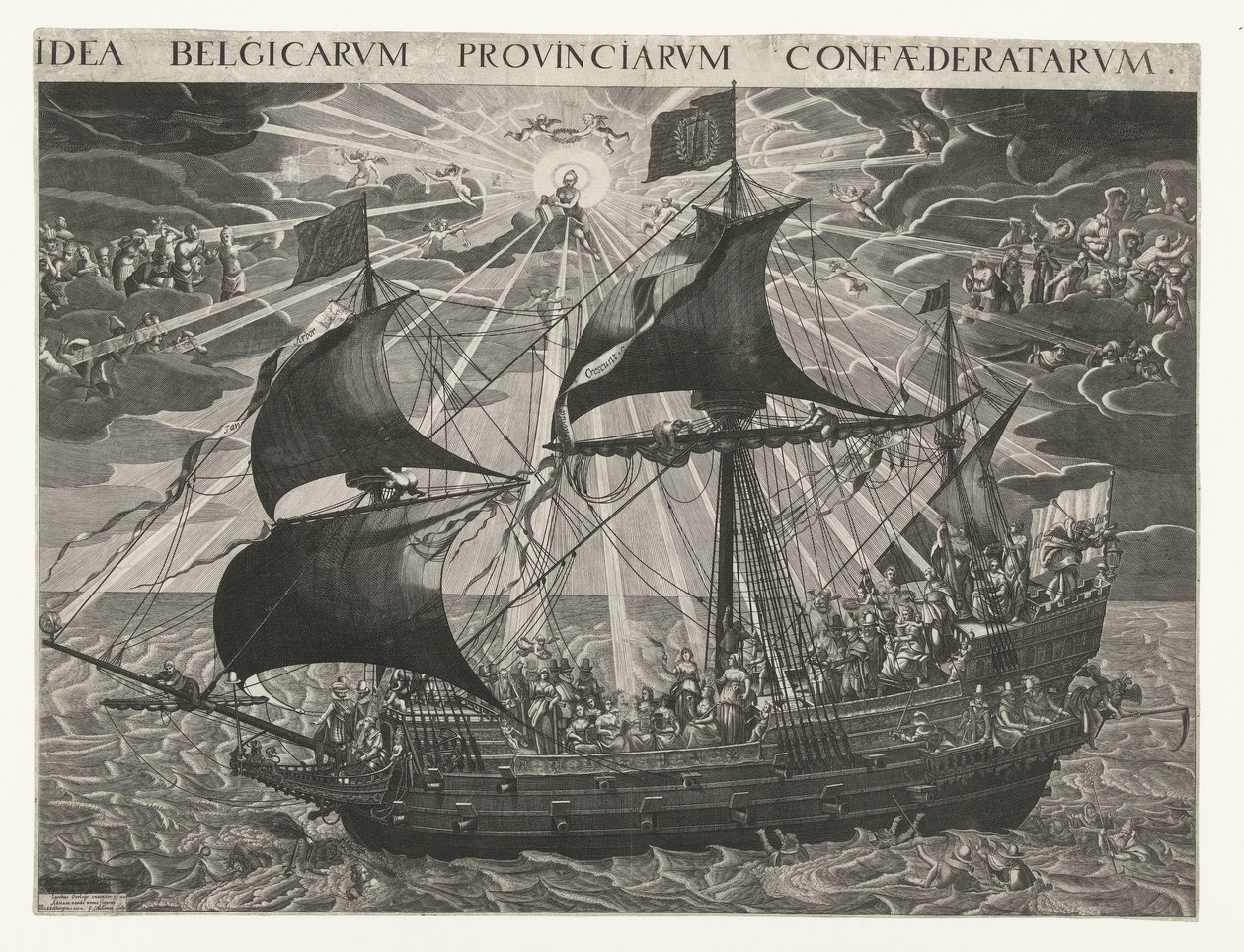 Statek państwa, 1620 Alegoria szczęśliwego stanu kraju po synodzie w Dordrecht Idea Belgicarum Provinciarum Confaederatarum (tytuł na obiekcie) autorstwa François Schillemans